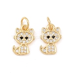 Brass Micro Pave Clear Cubic Zirconia Charms, Cadmium Free & Lead Free, Long-Lasting Plated, with Jump Ring, Cat, Golden, 11.5x8x2mm, Jump Ring: 5x1mm, 3mm Inner Diameter(ZIRC-C020-38G)