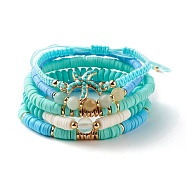 Round Stone & Polymer Clay Heishi Beads Stretch Bracelets Sets, Starfish Stackable Bracelets for Women, Aquamarine, Inner Diameter: 2-1/4~3-5/8 inch(5.6~9.3cm), 5pcs/set(BJEW-JB07436)