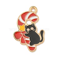 Christmas Kitty Alloy Enamel Pendants, Light Gold, Cat Charm, Candy Cane, 26x17.5x1.2mm, Hole: 2mm(ENAM-I060-02E)