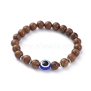 Unisex Wood Beads Stretch Bracelets, with Resin Beads and Platinum Plated Brass Spacer Beads, Evil Eye, 2-1/4 inch(5.6cm)(BJEW-JB04956)