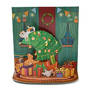 Square 3D Pop Up Paper Greeting Card, with Envelope, Christmas Day Invitation Card, Cat Shape, 110x110x4mm(AJEW-P124-C03)