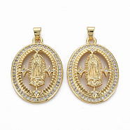 Brass Micro Pave Clear Cubic Zirconia Pendants, Nickel Free, Oval with Virgin, Real 16K Gold Plated, 33x23.5x5mm, Hole: 3x5mm(ZIRC-Q200-048-NF)