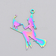 Halloween Ion Plating(IP) 201 Stainless Steel Pendants, Laser Cut, Witch with Cat, Rainbow Color, 40x36x1mm, Hole: 1.8mm(STAS-Q237-LA467)