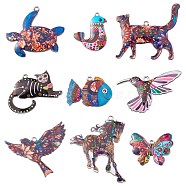 18Pcs 9 Styles Printed Alloy Pendants, Butterfly/Tortoise/Horse/Bird/Fish/Cat, Mixed Color, 21~45x23~45x1~3mm, Hole: 2mm, 2pcs/style(ENAM-CJ0005-30)