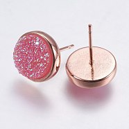 Druzy Resin Earrings, with Brass Finding, Flat Round, Hot Pink, 9.5x16~16.5mm, Pin: 0.8mm(KK-E724-S-02RG)