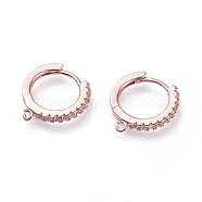 Brass Micro Pave Cubic Zirconia Huggie Hoop Earring Findings, with Horizontal Loops, Ring, Clear, Rose Gold, 15.5x14.5x2mm, Hole: 1mm, pin: 0.9mm(ZIRC-G156-07RG)