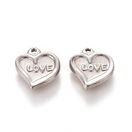 304 Stainless Steel Charms, Heart with Word Love, For Valentine's Day, Stainless Steel Color, 11x12x2.5mm, Hole: 1.2mm(STAS-L226-024P)