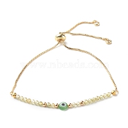 Brass Slider Bracelets, with Cubic Zirconia Beads, Handmade Evil Eye Lampwork Flat Round Beads, Olive, Inner Diameter: 3/4~3-1/2 inch(2~8.9cm)(BJEW-JB06594-01)