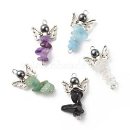 Natural Mixed Stone Chip Beaded Connecter Charms, with Antique Silver & Platinum Tone 304 Stainlesss Steel & Alloy Findings & Non-Magnetic Synthetic Hematite, Angel, 33~33.5x18x4~15mm, Hole: 2mm(PALLOY-JF01708)