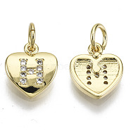 Brass Micro Pave Clear Cubic Zirconia Charms, with Jump Ring, Heart with Letter, Real 16K Gold Plated, Nickel Free, Letter.H, 10x9x2mm, Jump Ring: 5x1mm, 3mm inner diameter(KK-N227-34H-NF)