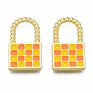 Rack Plating Alloy Checkerboard Pendants, with Enamel, Cadmium Free & Lead Free, Lock with Grid Pattern, Coral, 20.5x11.5x2mm, Hole: 8x6.5mm(PALLOY-S132-255D-RS)
