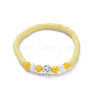 Stretch Bracelets, with Polymer Clay Heishi Beads, Faceted Glass Beads and Brass Rhinestone Beads, Yellow, Inner Diameter: 2 inch(5.2cm)(BJEW-JB05197-03)