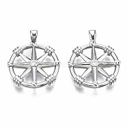 Brass Micro Pave Clear Cubic Zirconia Pendants, Nickel Free, Compass, Real Platinum Plated, 22.5x17x3.5mm, Hole: 3.5x1.5mm(KK-S356-214P-NF)