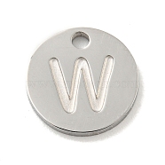 Non-Tarnish 304 Stainless Steel Pendants, Laser Cut, Flat Round with Letter Charm, Stainless Steel Color, Letter W, 10x1mm, Hole: 1.4mm(FIND-M017-02P-W)