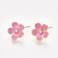 Brass Cubic Zirconia Stud Earring Findings, with Loop and Enamel, Flower, Hot Pink, Nickel Free, Real 18K Gold Plated, 11.5x12mm, Hole: 1.2mm, Pin: 0.8mm(X-KK-S350-344)