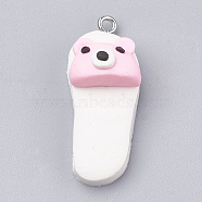 Handmade Polymer Clay Pendants, with Iron Findings, Slipper with Bear, Platinum, White, 34~35x14x13mm, Hole: 2mm(X-CLAY-T012-29)