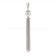 Fashion Tassels Pendant Decorations, with Tibetan Style Bead Caps, Glass Pearl Beads, Iron Twisted Chains and Alloy Lobster Claw Clasps, White, 90mm(HJEW-JM00115-01)