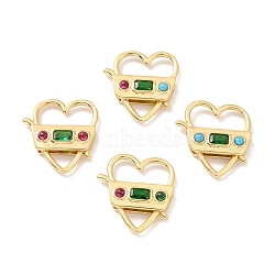 Rack Plating Brass Green Cubic Zirconia Clasps, with Glass, Cadmium Free & Lead Free, Long-Lasting Plated, Real 18K Gold Plated, Heart, Mixed Color, 23.5x21x5mm, Hole: 15x7mm(KK-M227-14G)