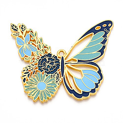 Rack Plating Alloy Enamel Big Pendants, Cadmium Free & Nickel Free & Lead Free, Butterfly with Flower Charms, Golden, Midnight Blue, 55x66.5x2mm, Hole: 2.5mm(ENAM-N056-396A-G)