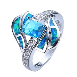 Brass Micro Pave Cubic Zirconia and Opal Finger Rings, Twist & Rectangle, Platinum, Deep Sky Blue, US Size 6(16.5mm)(FS-WG9EA6B-01)