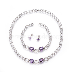 304 Stainless Steel Stud Earrings & Pendant Necklaces & Link Bracelets Jewelry Sets, with Cubic Zirconia, Lilac, 15.94 inch(40.5cm), 8-1/8 inch(20.5cm), 8x8mm, Pin: 0.8mm(SJEW-L135-01C)