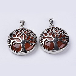 Natural Red Jasper Pendants, with Platinum Plated Brass Findings, Flat Round with Tree of Life, 31x27x8mm, Hole: 3.5x7mm(G-P350-D07)