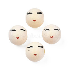 Printed Natural Wood European Beads, Undyed, Large Hole Beads, Round with Face, PapayaWhip, 23~24x22.5mm, Hole: 5~6mm(WOOD-T019-47)