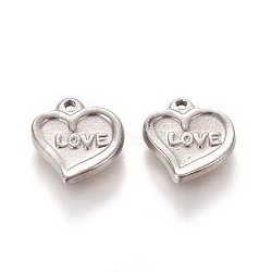 Non-Tarnish 304 Stainless Steel Charms, Heart with Word Love, For Valentine's Day, Stainless Steel Color, 11x12x2.5mm, Hole: 1.2mm(STAS-L226-024P)