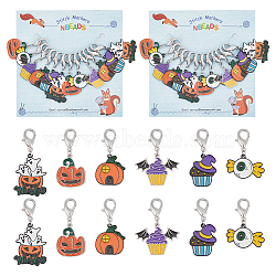Alloy Enamel Halloween Theme Pendant Locking Stitch Markers, Zinc Alloy Lobster Claw Clasps Stitch Marker, Pumpkin Jack-O'-Lantern/Cake/Candy, Mixed Color, 3.4~4.7cm, 6 style, 2pcs/style, 12pcs/set(HJEW-AB00009)