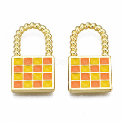 Rack Plating Alloy Checkerboard Pendants, with Enamel, Cadmium Free & Lead Free, Lock with Grid Pattern, Coral, 20.5x11.5x2mm, Hole: 8x6.5mm(PALLOY-S132-255D-RS)