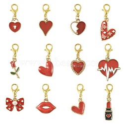 12Pcs 12 Styles Alloy Enamel Pendant Decorations, with ABS Plastic Pear, with Lobster Claw Clasps, Golden, Heart & Lip & Rose, Red, 26~34mm, 1pc/style(HJEW-FS00078-03)