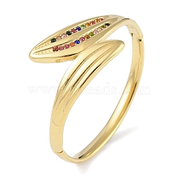 304 Stainless Steel Rhinestone Leaf Hinged Bangles for Women, Real 18K Gold Plated, Colorful, Inner Diameter: 2x2-3/8 inch(5.1x6.15cm), 30mm(BJEW-C071-13G-02)