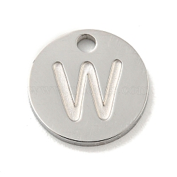 Non-Tarnish 304 Stainless Steel Pendants, Laser Cut, Flat Round with Letter Charm, Stainless Steel Color, Letter W, 10x1mm, Hole: 1.4mm(FIND-M017-02P-W)