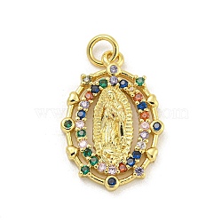 Virgin Mary Theme Rack Plating Brass Micro Pave Cubic Zirconia Pendants, Cadmium Free & Lead Free, Long-Lasting Plated, Oval with Virgin Mary Pattern, Real 18K Gold Plated, 20.5x14x3mm, Hole: 3mm(KK-G513-32G)