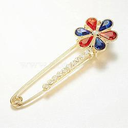 Alloy Glass Rhinestone Brooches, Flower, Golden, 82x25mm, Pin: 1.8mm(JEWB-G001-03)