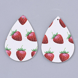 PU Leather Big Pendants, Double-Sided Fruit Pattern, teardrop, with Strawberry Pattern, White, 56x37x2mm, Hole: 1.6mm(FIND-R072-10-A06)