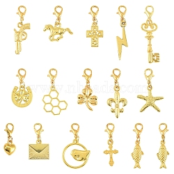 30Pcs 15 Style Alloy Pendant Decorations, with Alloy Lobster Claw Clasps, Golden, 25~44mm, 2pcs/style(HJEW-YW00372)