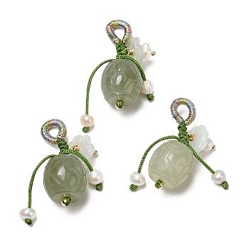 Natural Hetian Jade Pendants, Barrel Charms with Natural Jadeite and Pearl and Brass Beads, Real 14K Gold Plated, 37mm, Hole: 5x4mm