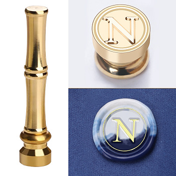 Golden Tone Brass Wax Seal Stamp Head with Bamboo Stick Shaped Handle, for Greeting Card Making, Letter N, 74.5x15mm