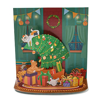 Square 3D Pop Up Paper Greeting Card, with Envelope, Christmas Day Invitation Card, Cat Shape, 110x110x4mm