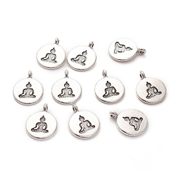Tibetan Style Alloy Pendants, Flat Round with Buddha, for Buddhist, Antique Silver, 19x15x2mm, Hole: 2mm