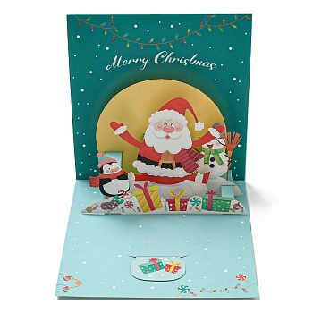 Square 3D Santa Claus Pop Up Paper Greeting Card, with Envelope, Christmas Day Invitation Card, Light Sea Green, 105x105x105mm