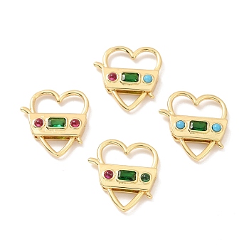 Rack Plating Brass Green Cubic Zirconia Clasps, with Glass, Cadmium Free & Lead Free, Long-Lasting Plated, Real 18K Gold Plated, Heart, Mixed Color, 23.5x21x5mm, Hole: 15x7mm