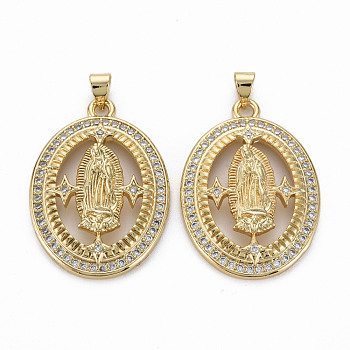 Brass Micro Pave Clear Cubic Zirconia Pendants, Nickel Free, Oval with Virgin, Real 16K Gold Plated, 33x23.5x5mm, Hole: 3x5mm