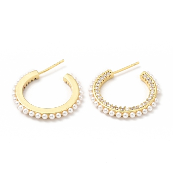 Clear Cubic Zirconia C-Shaped Stud Earrings with Acrylic Pearl, Brass Half Hoop Earrings for Women, Cadmium Free & Lead Free, Golden, 23x24x2mm, Pin: 0.7mm