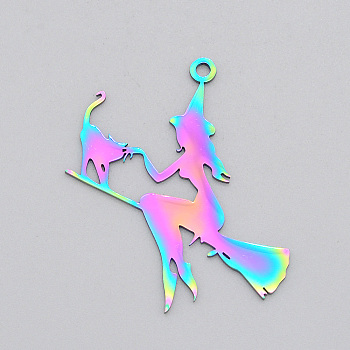 Halloween Ion Plating(IP) 201 Stainless Steel Pendants, Laser Cut, Witch with Cat, Rainbow Color, 40x36x1mm, Hole: 1.8mm