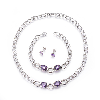 304 Stainless Steel Stud Earrings & Pendant Necklaces & Link Bracelets Jewelry Sets, with Cubic Zirconia, Lilac, 15.94 inch(40.5cm), 8-1/8 inch(20.5cm), 8x8mm, Pin: 0.8mm