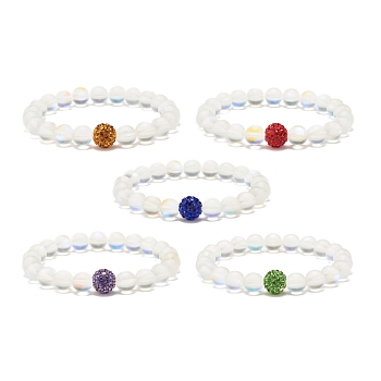 Synthetic Moonstone Round Beads Stretch Bracelet, Gemstone Jewelry with Rhinestone Beads for Women, Mixed Color, Inner Diameter: 2-1/8 inch(5.3cm)