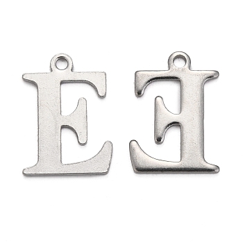 304 Stainless Steel Alphabet Charms, Stainless Steel Color, Letter.E, 12x9x1mm, Hole: 1mm