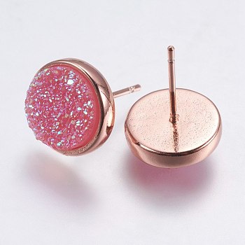 Druzy Resin Earrings, with Brass Finding, Flat Round, Hot Pink, 9.5x16~16.5mm, Pin: 0.8mm